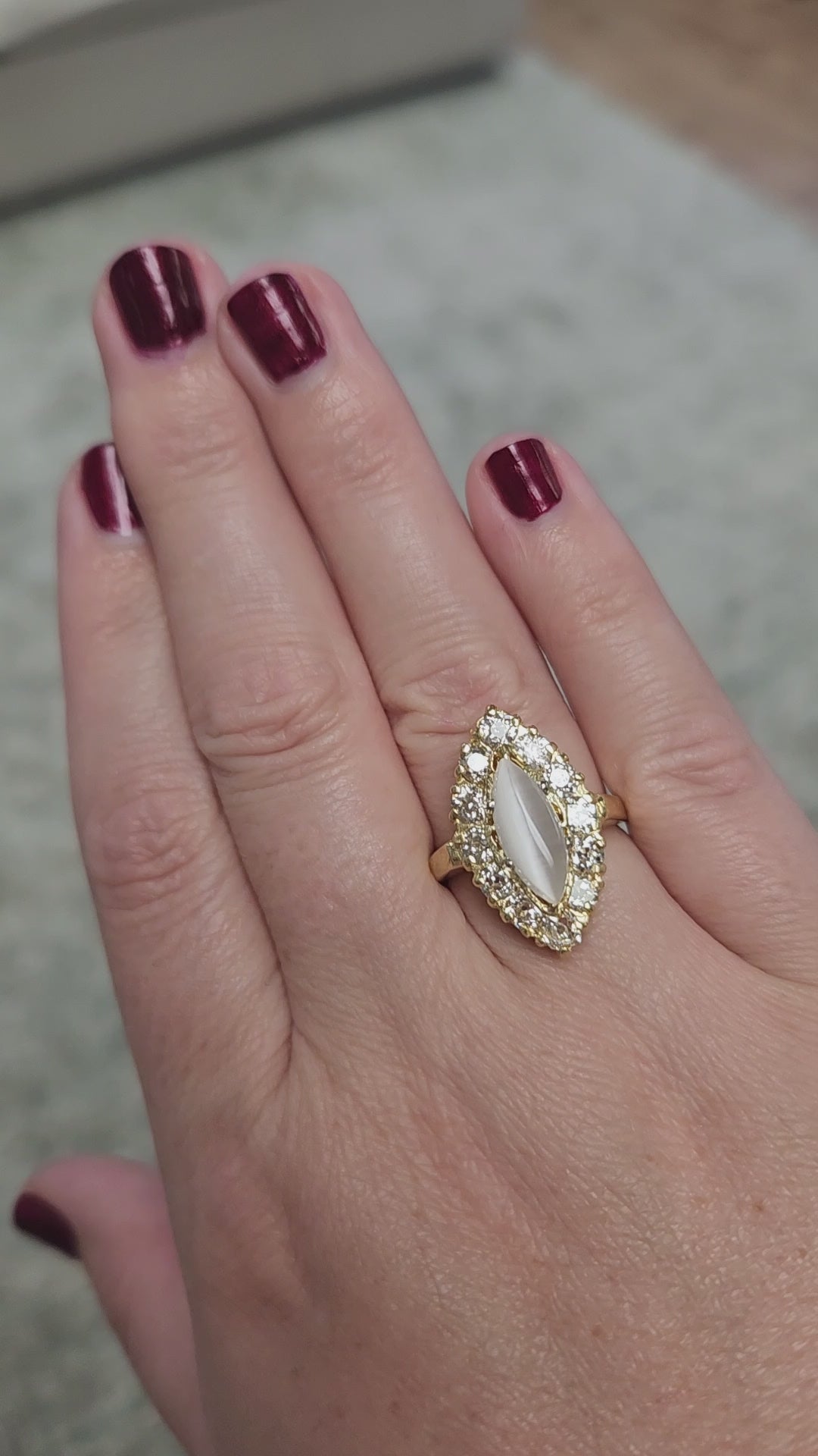 Antique Victorian Cat's Eye Moonstone and Old Mine Cut Diamond Navette Ring in 14k Yellow Gold