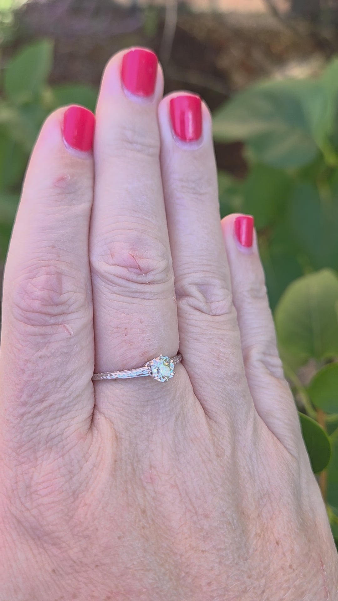 Art Deco Old Mine Cut Solitaire Ring with Engraved Shoulders in 14k White Gold