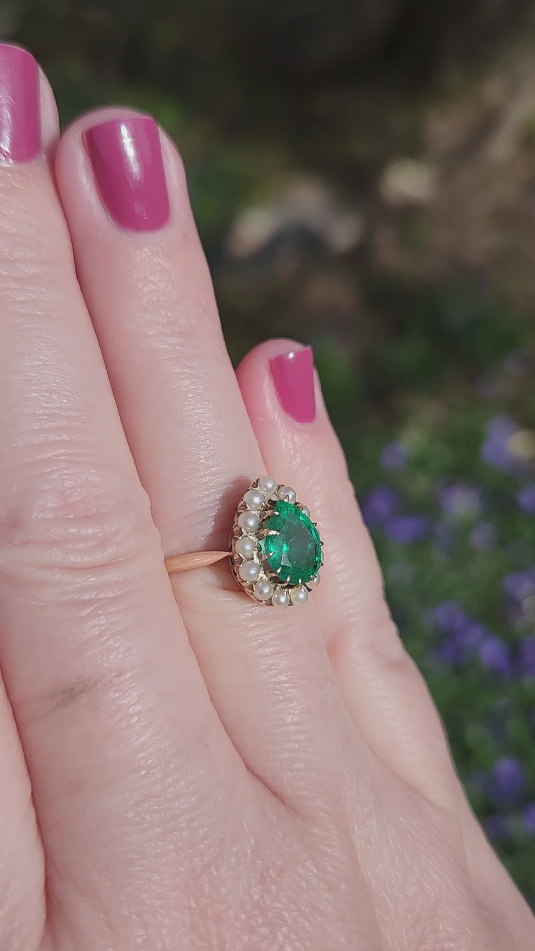 Victorian Pear Cut Natural Emerald and Pearl Halo Ring in 10k Yellow Gold