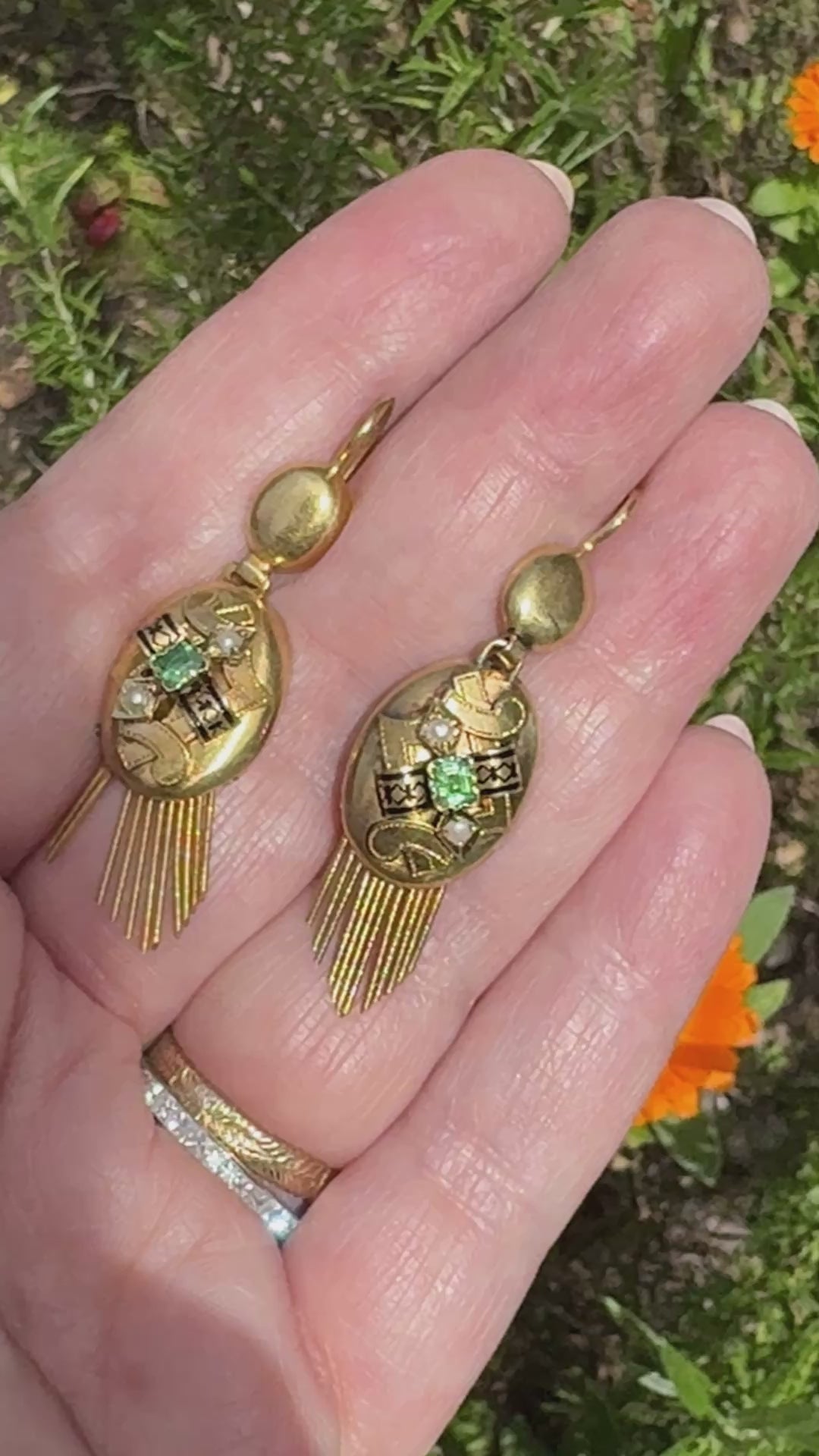 Antique Victorian Emerald and Pearl Fringe Dangle Earrings in 14k Yellow Gold