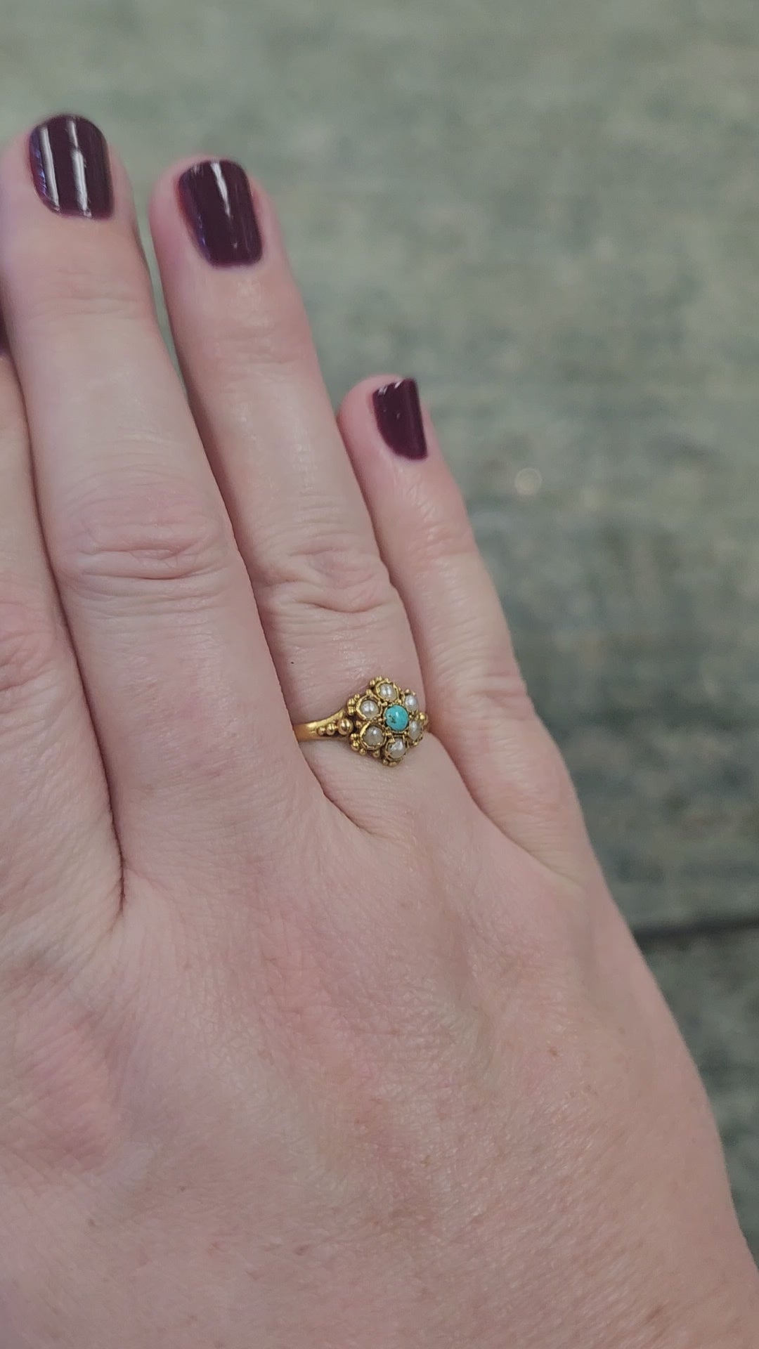 Petite Seed Pearl and Turquoise Victorian Ring in 22k Yellow Gold