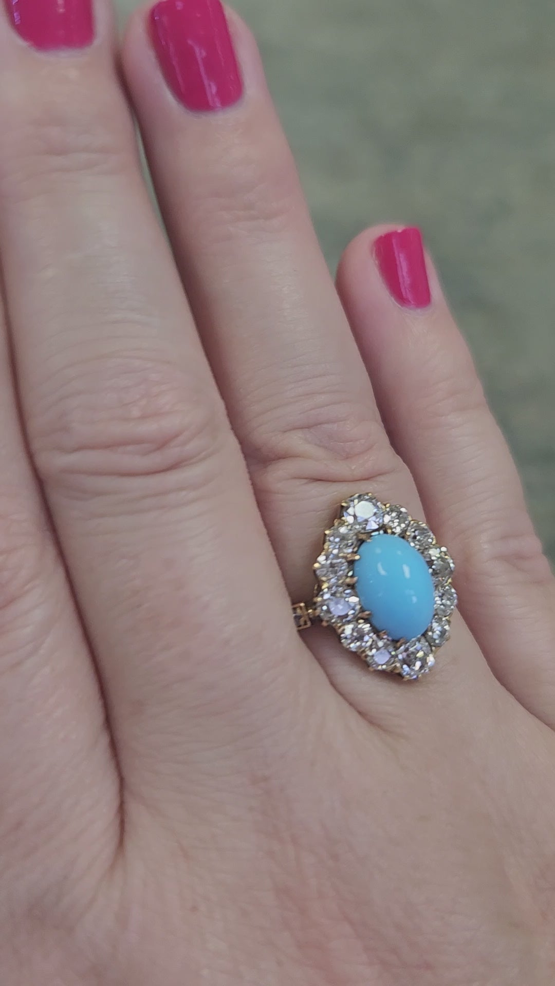 Impeccable Antique Victorian Persian Turquoise and Old Mine Cut Diamond Ring in 14k