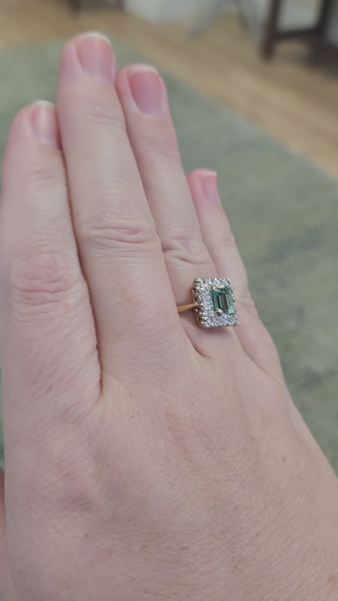 Vintage Emerald Cut Emerald and Diamond Halo Engagement Ring in 18k Yellow Gold