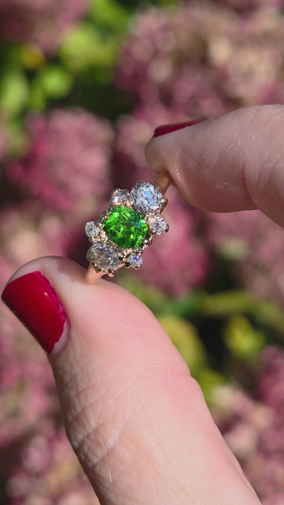 Victorian GIA Certified Russian Demantoid Garnet & Diamond Ring 14k Yellow Gold