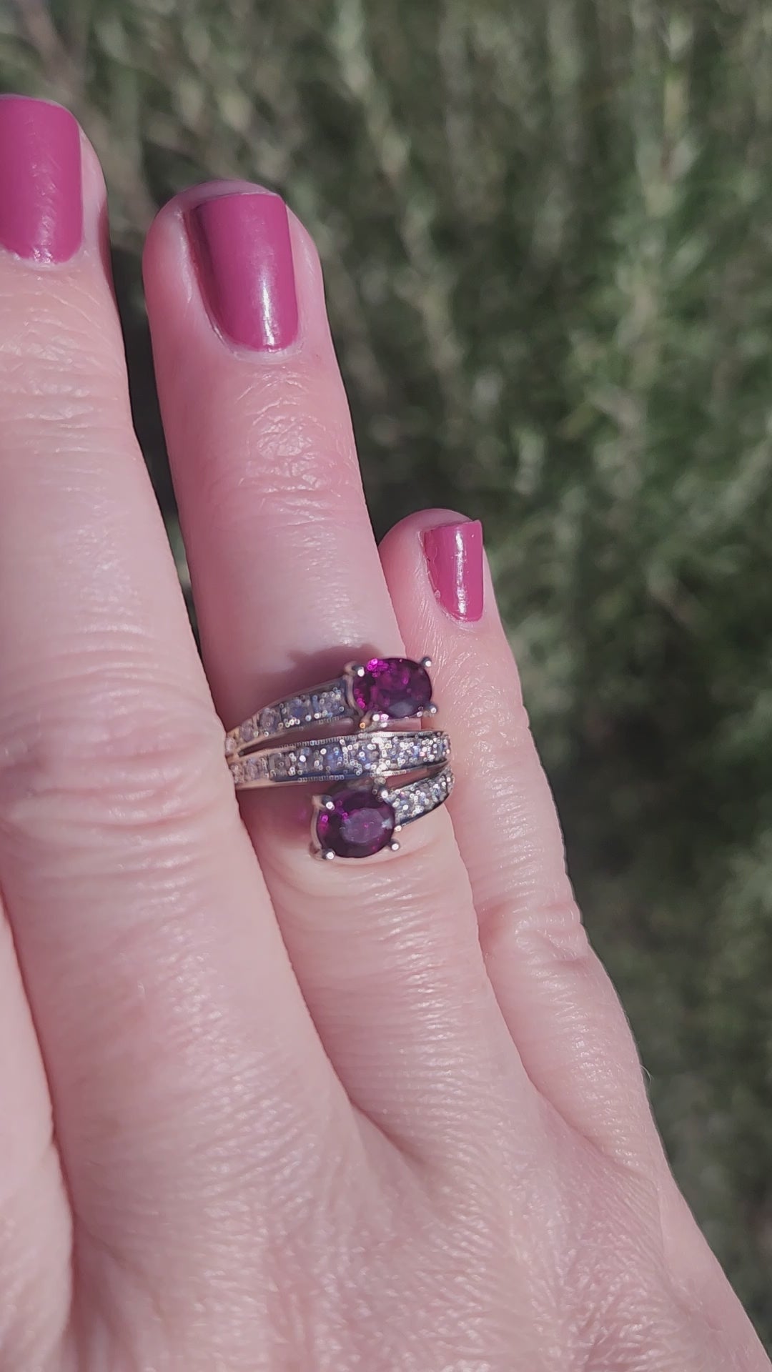Vintage Double Ruby and Diamond Bypass Statement Ring in 18k White Gold