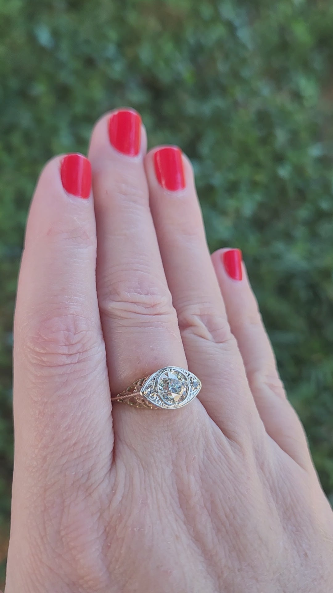 Sparkling Edwardian Old European Cut Diamond Three Stone Ring in 14k White and Yellow Gold
