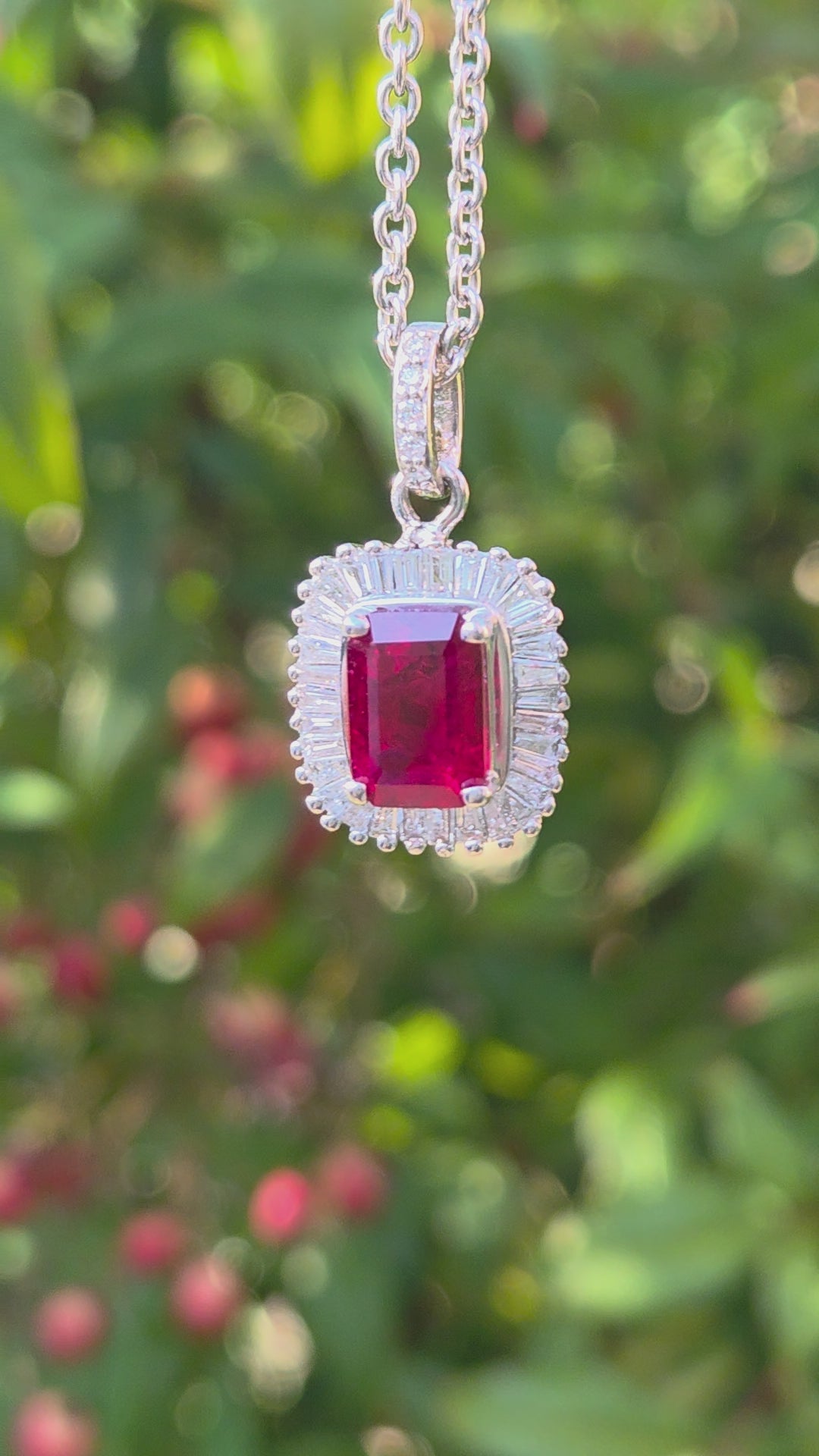 GIA Certified 1.94ct Burmese Ruby & Diamond Ballerina Pendant Necklace in 14k White Gold