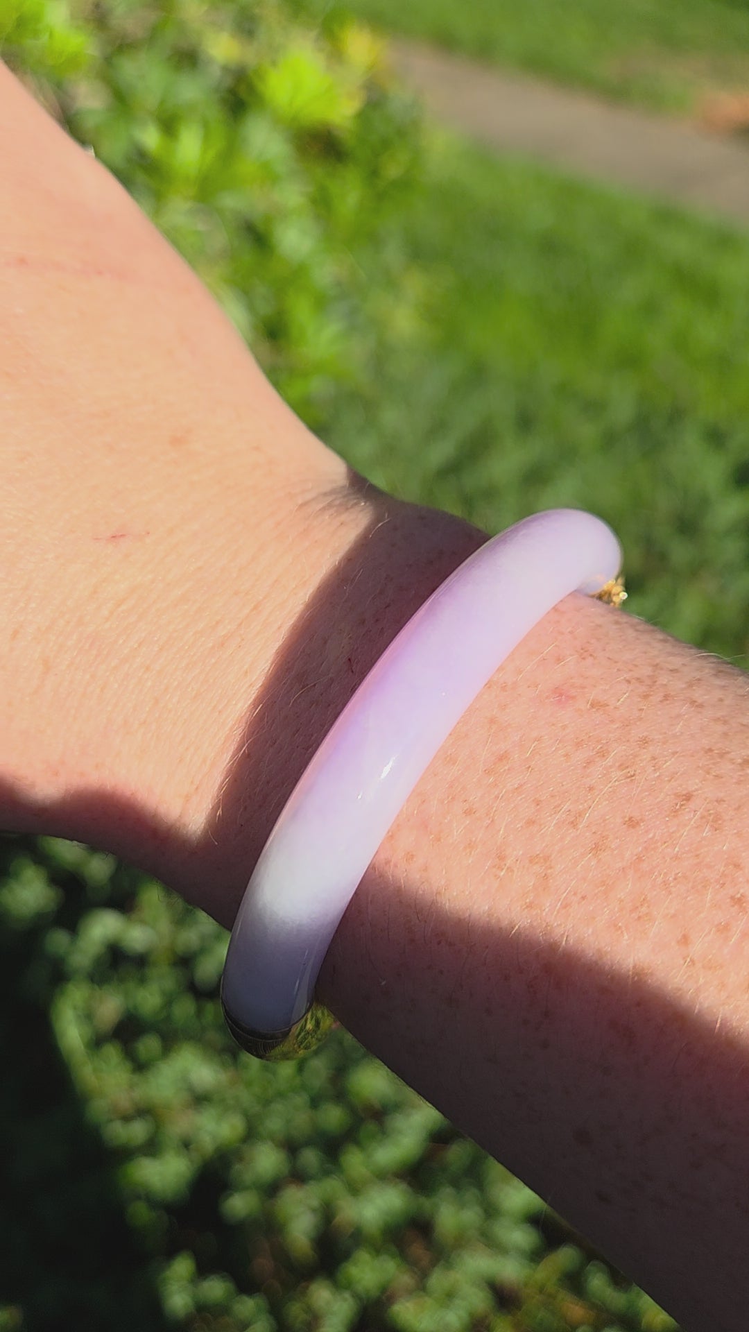 Vibrant Type A Jadeite Jade Lavender and Green Bangle Bracelet in 14k Yellow Gold