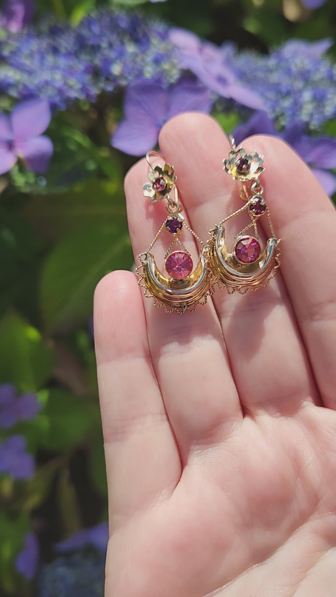 Victorian Garnet and Glass Flower Dangle Earrings in 10k Yellow Gold