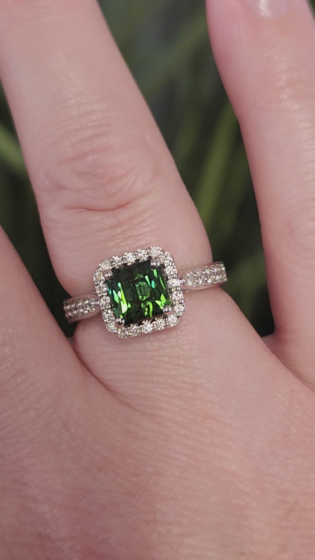 Brazilian Green Tourmaline and Diamond Halo Ring Size 7.25