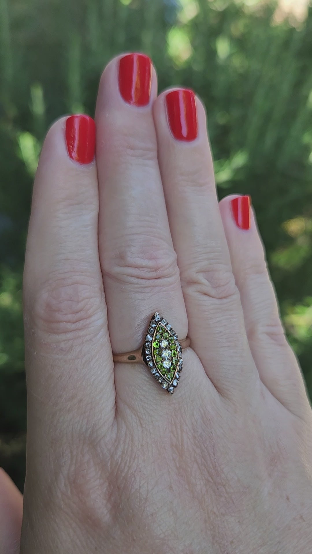 Victorian Old Mine Rose Cut Diamond & Demantoid Garnet Navette Ring in 10k Rose Gold
