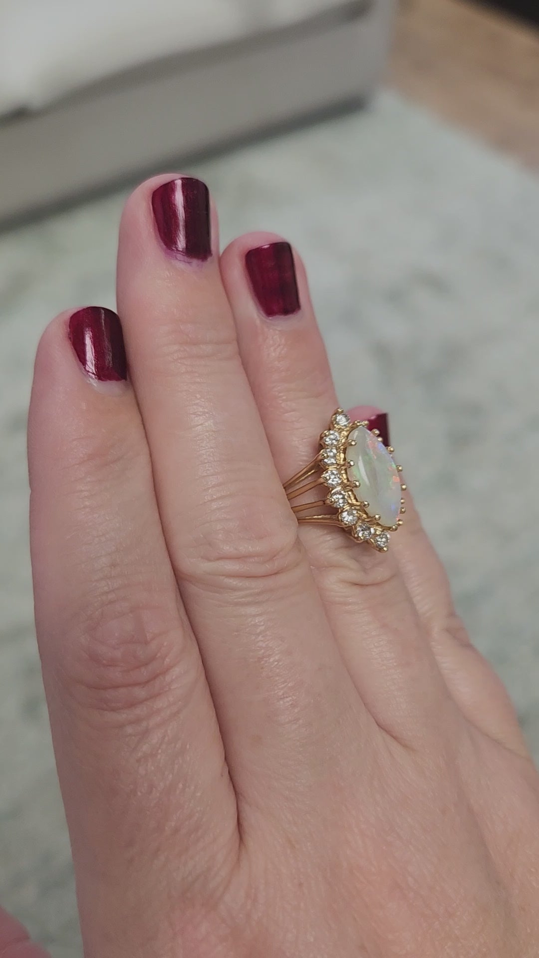 Fiery Australian Opal and Diamond Marquise Ring in 14k Yellow Gold