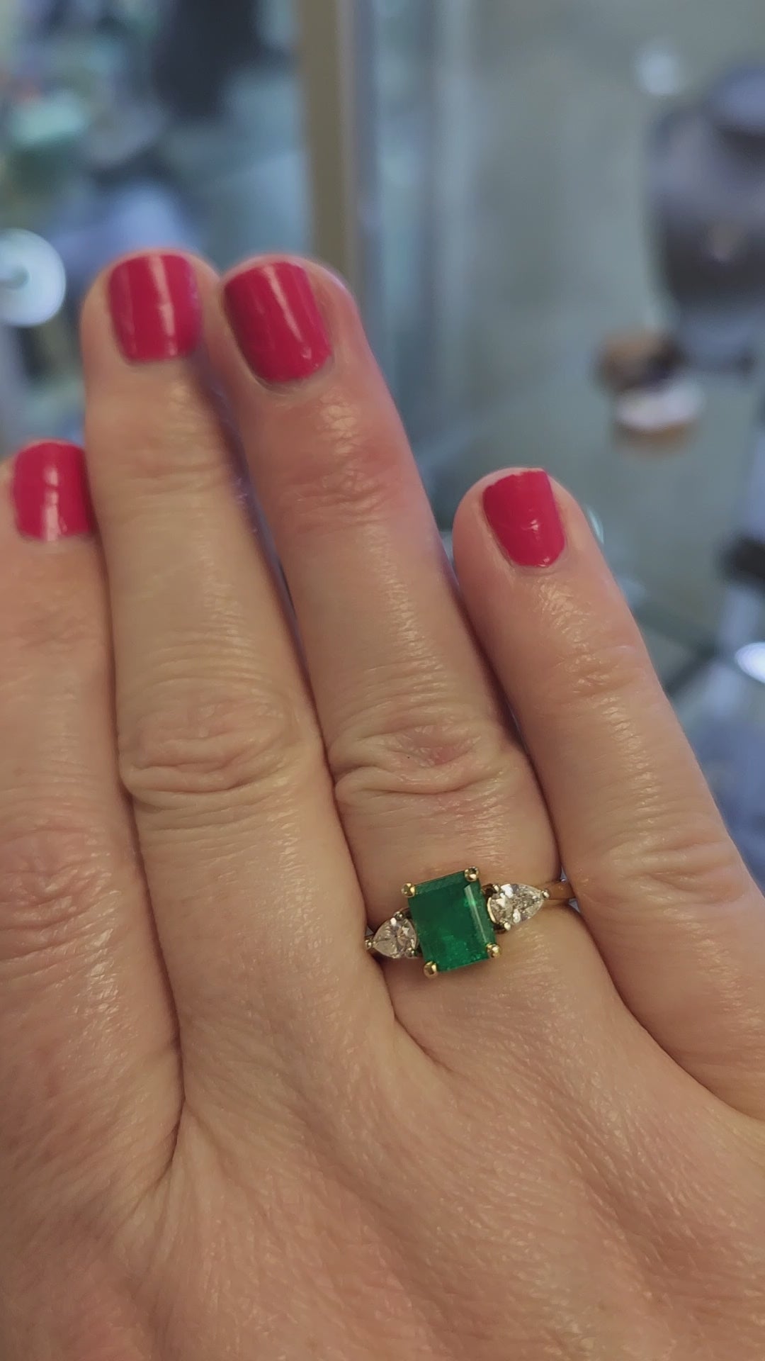Vintage Emerald and Pear Cut Diamond Ring in 18k Yellow Gold