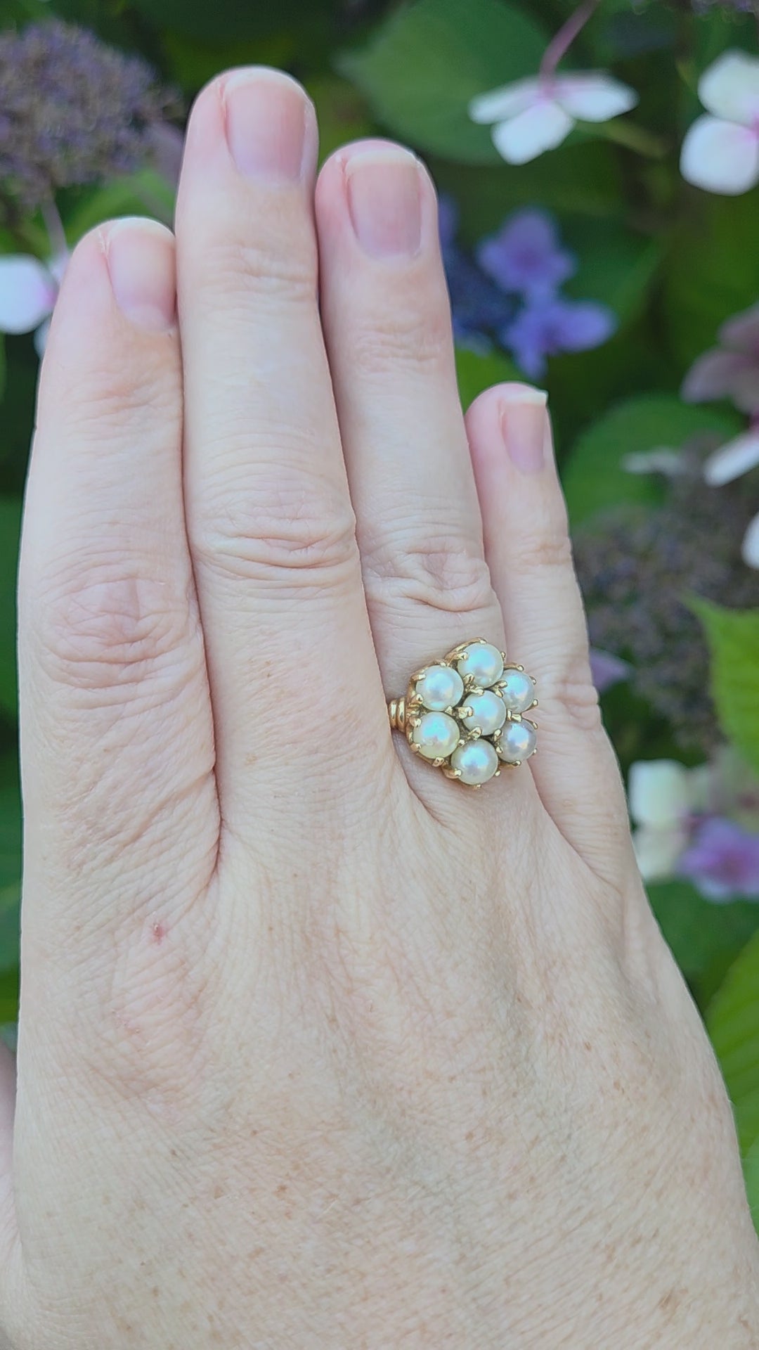 Vintage Pearl Cluster Flower Floral Ring in 14k Yellow Gold