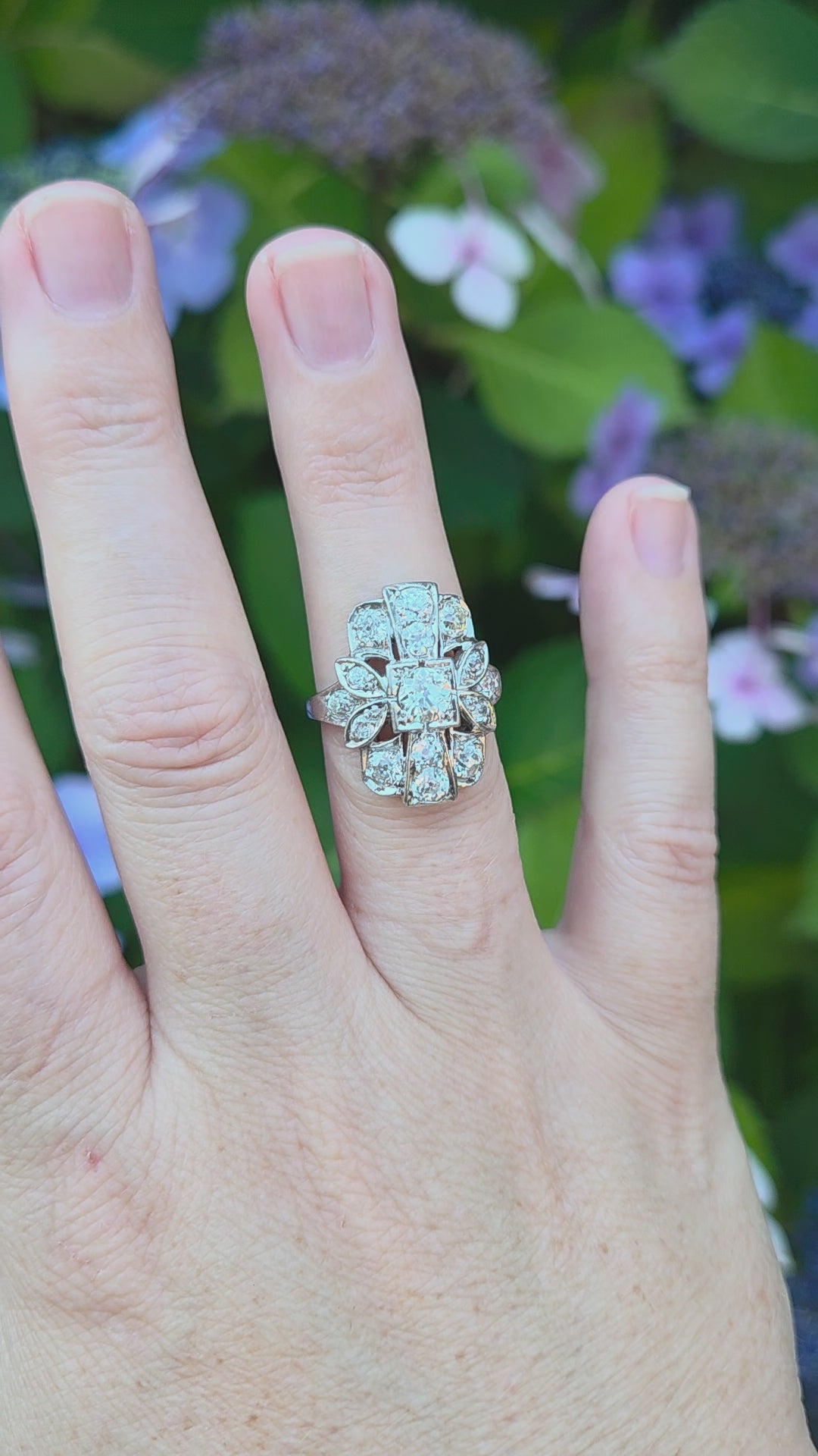 Old European Cut Diamond Cluster Panel Statement Cocktail Ring in Platinum
