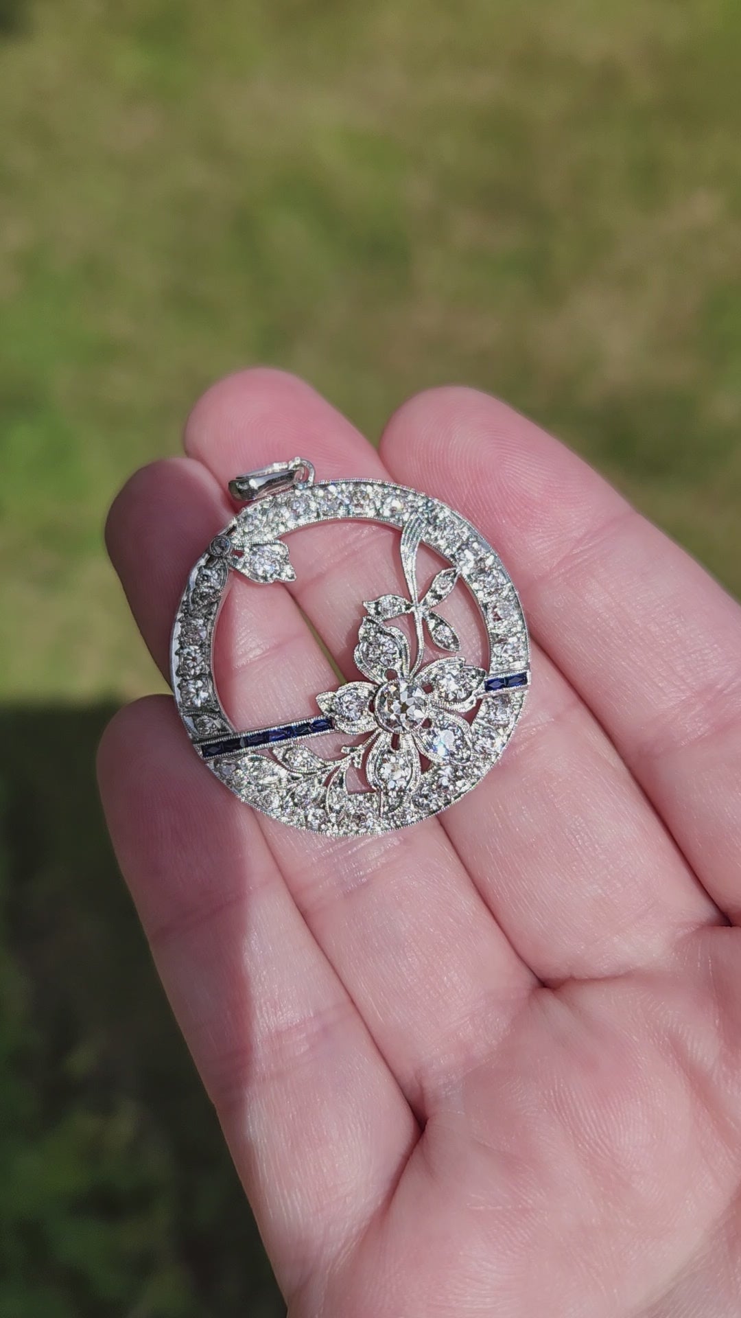 Exquisite Art Deco Old Cut Diamond and Sapphire Floral Pendant in Platinum