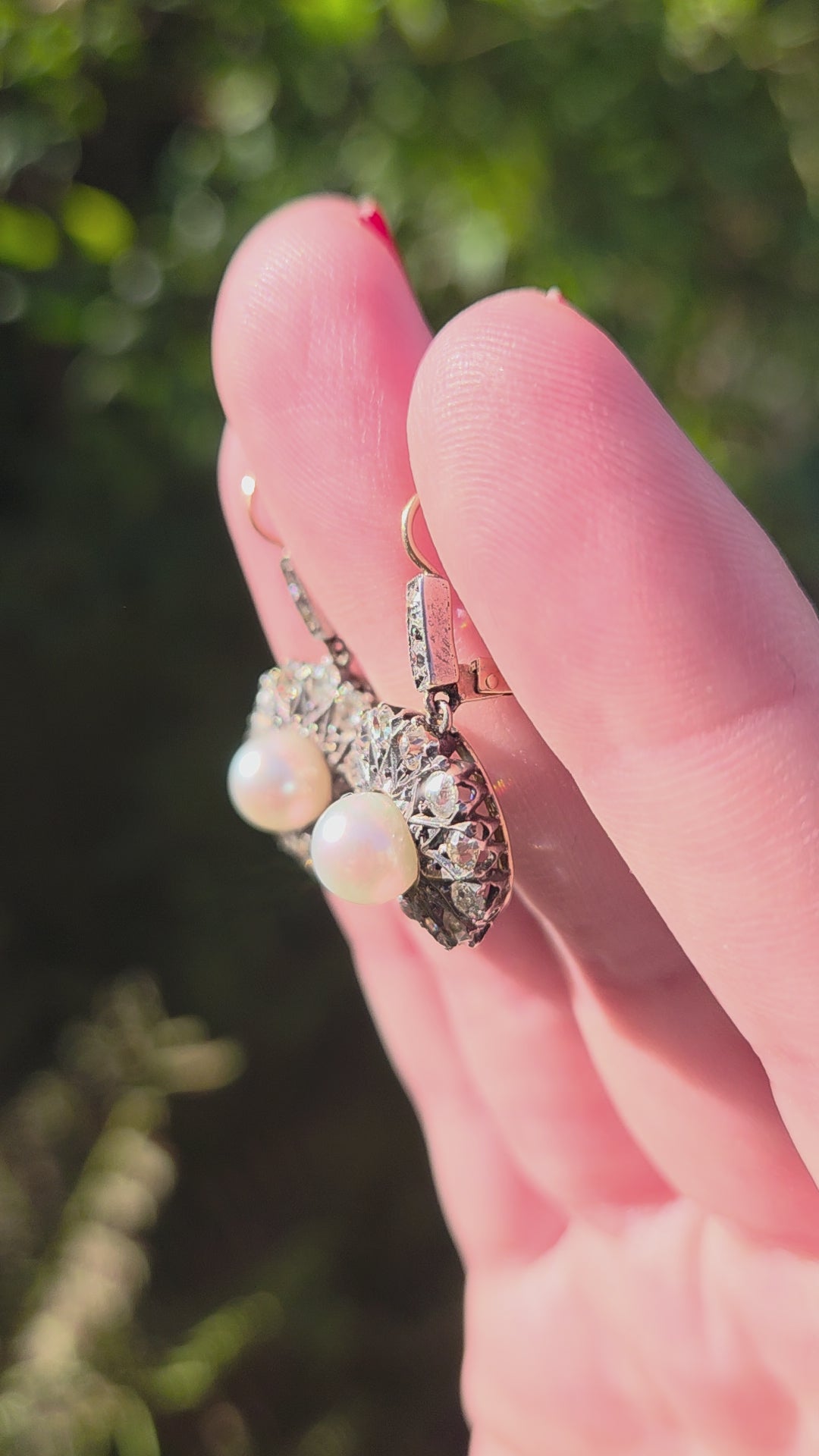 Edwardian Pearl and Old Cut Diamond Dangle Earrings in 18k and Platinum