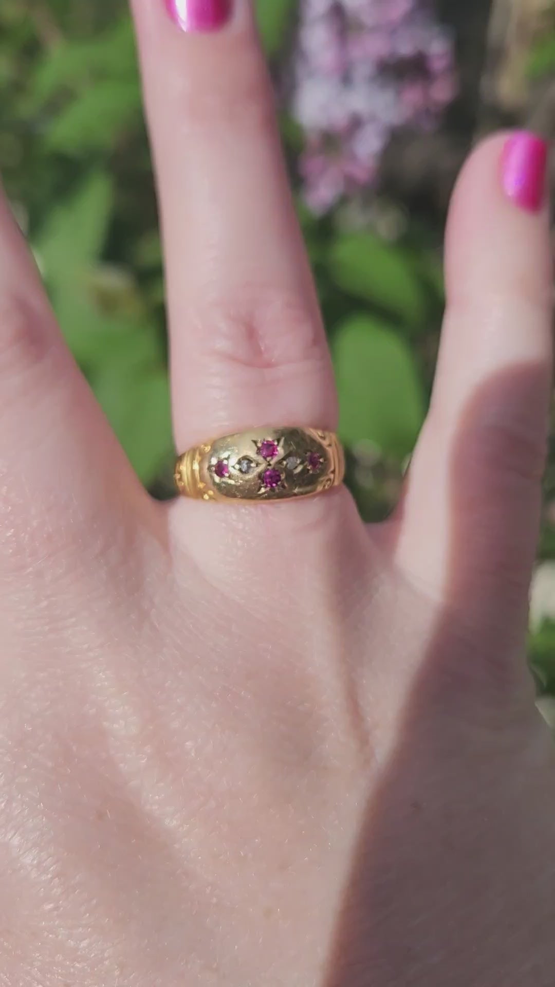 Antique Victorian Ruby and Rose Cut Diamond Band Ring in 18k Yellow Gold