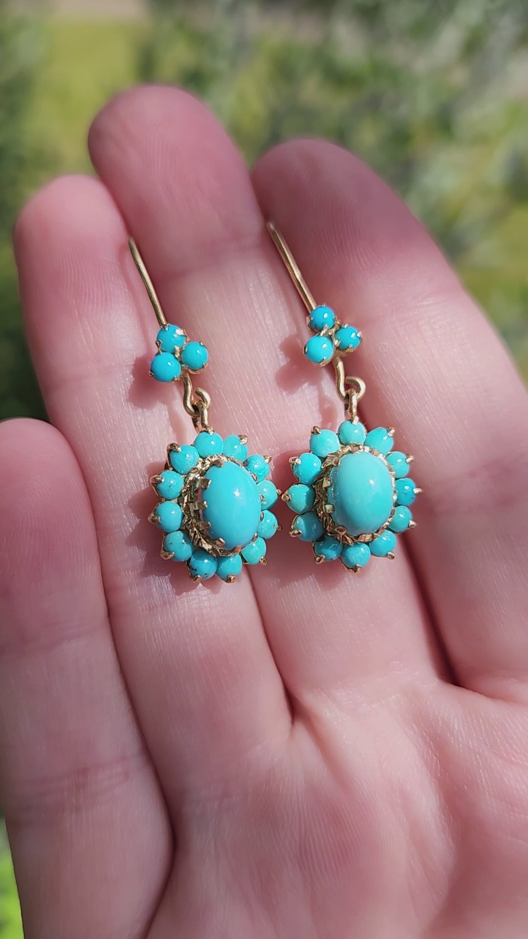 Antique Victorian Turquoise Dangle Earrings in 14k Yellow Gold