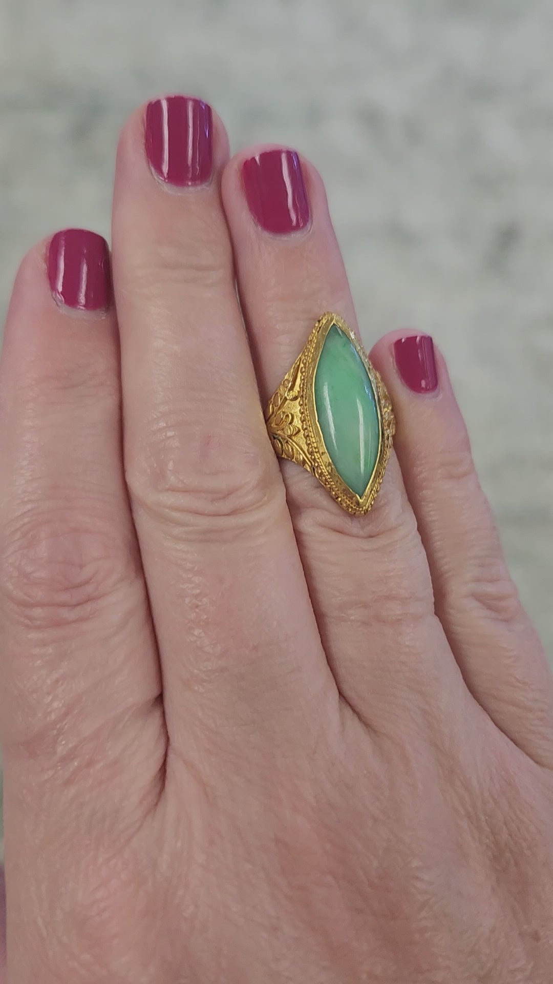 Vintage Marquise Jadeite Jade Bezel Set Engraved Ring in 22k Yellow Gold