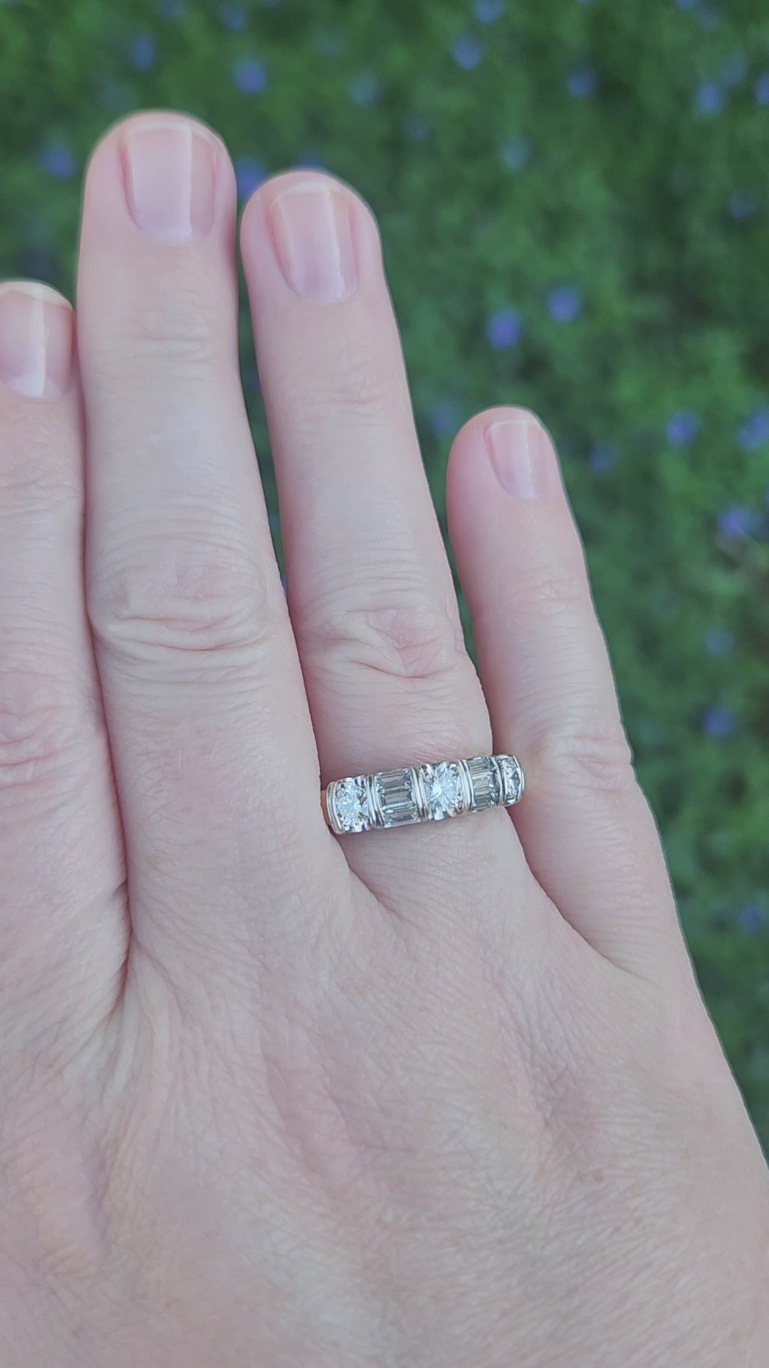 Sparkling Round and Baguette Cut Diamond Band Ring in 14k Yellow Gold