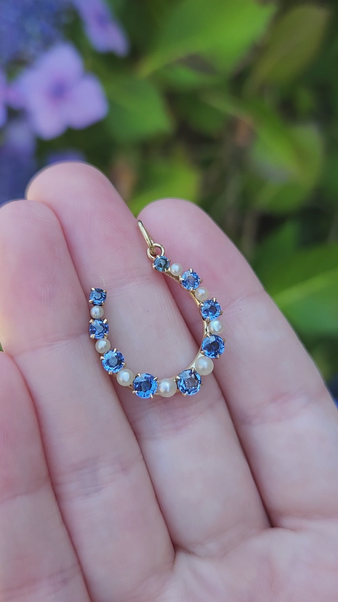 Victorian Montana Yogo Sapphire & Pearl Horseshoe Pendant in 14k Yellow Gold