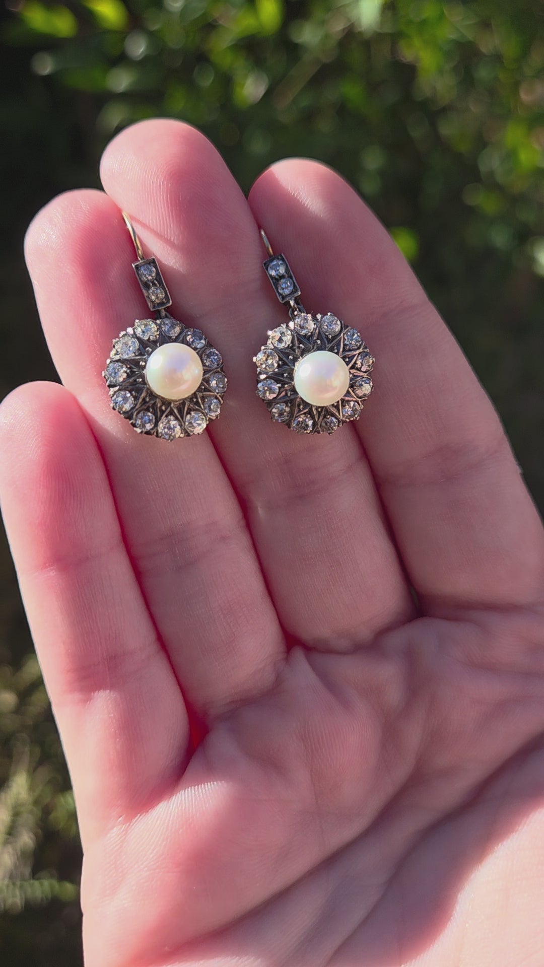 Edwardian Pearl and Old Cut Diamond Dangle Earrings in 18k and Platinum