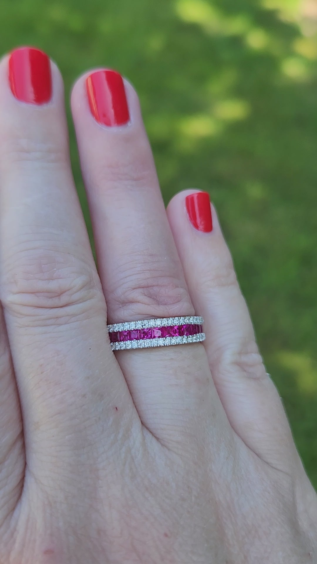 Striking Natural Ruby and Diamond Band Ring in 18k White Gold