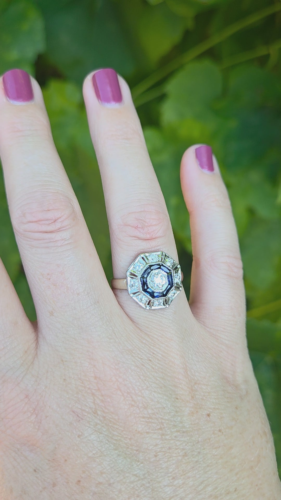 Art Deco Sapphire and Old European Cut Diamond Target Ring in Platinum and 14k