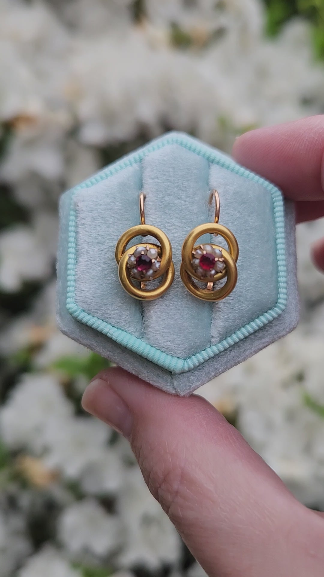 Sweet Victorian Ruby and Pearl Love Knot Earrings in 14k Yellow Gold