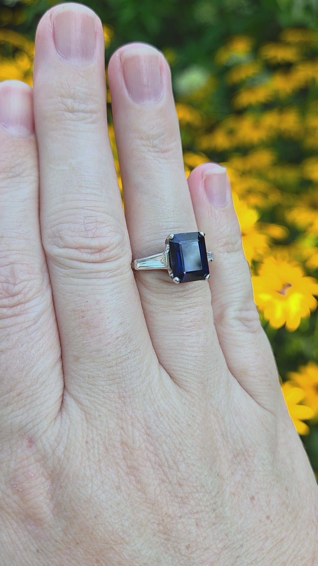 GIA Certified Australian Deep Blue Sapphire and Baguette Diamond Ring in Platinum