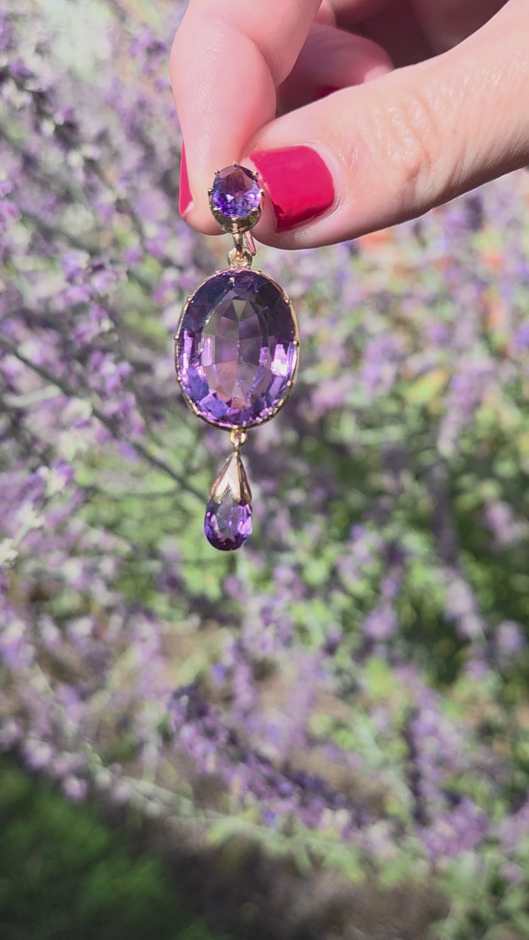 Antique Victorian Bezel Set and Briolette Cut Amethyst Statement Pendant in 14k Rosy Gold