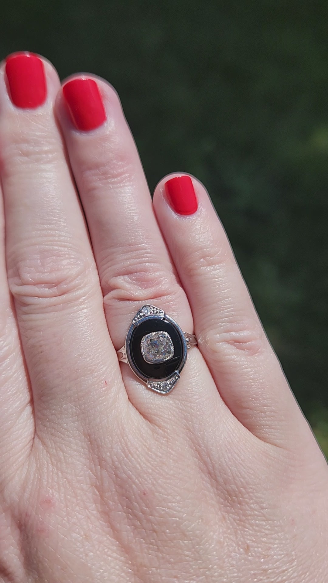 Incredible Art Deco Old Mine Cut Diamond Onyx Ring in Platinum