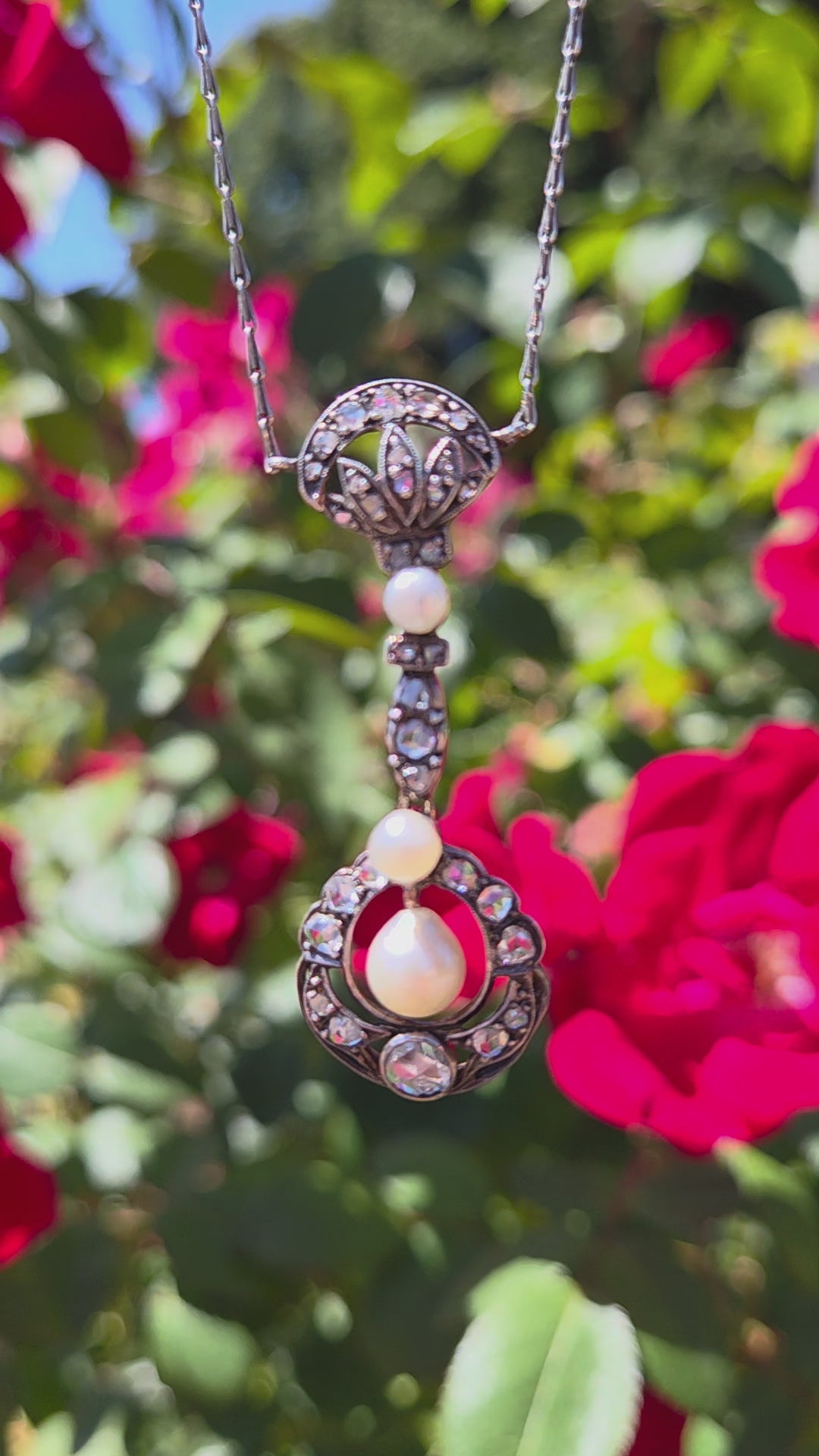 Antique Victorian Pearl and Rose Cut Diamond Necklace in 18k and Silver
