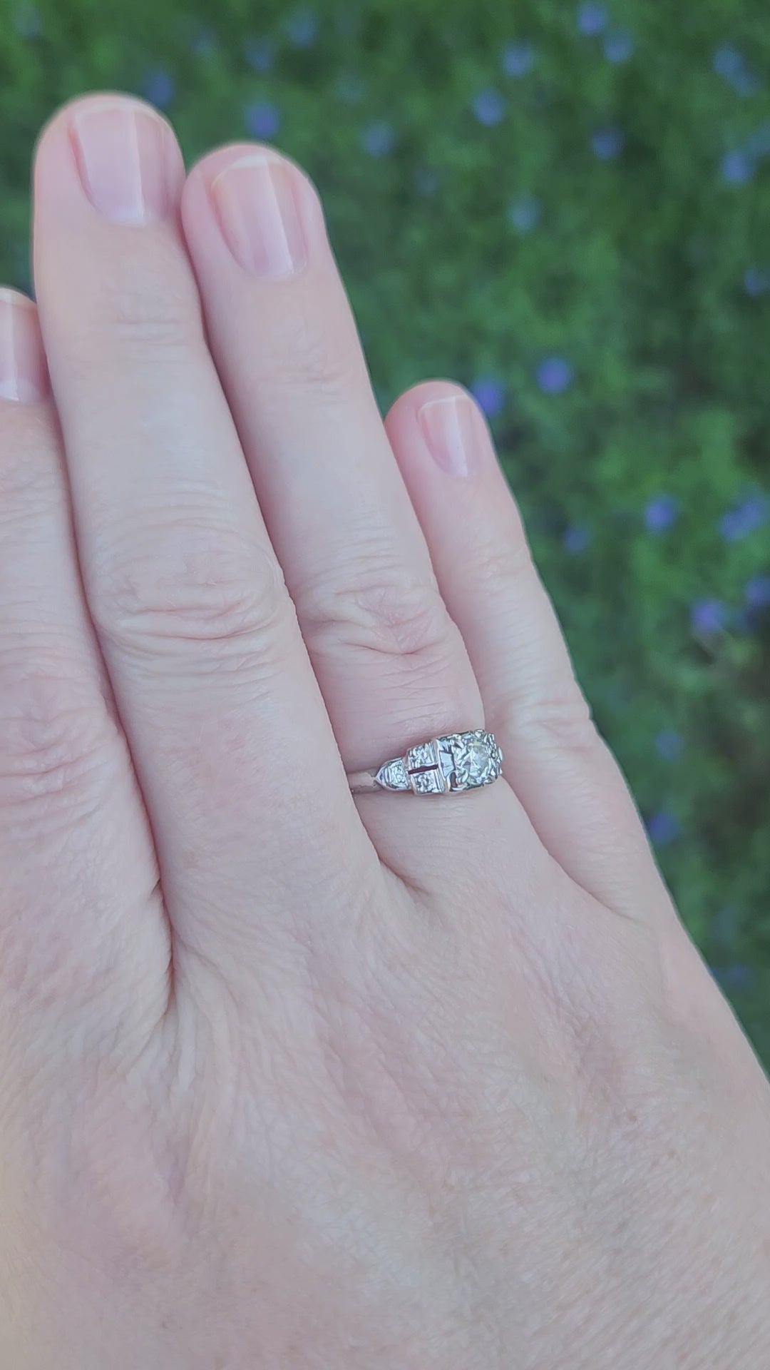 Petite Art Deco Old European Cut Diamond Engagement Ring in 18k White Gold