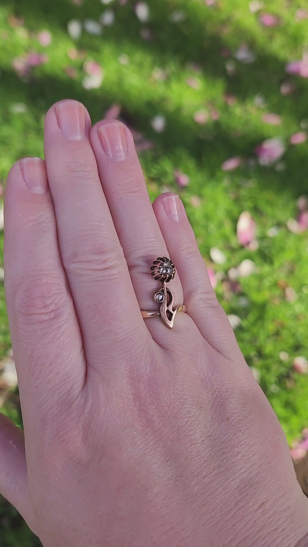 Antique Victorian Rose Cut Diamond Flower Ring in 14k Rose Gold