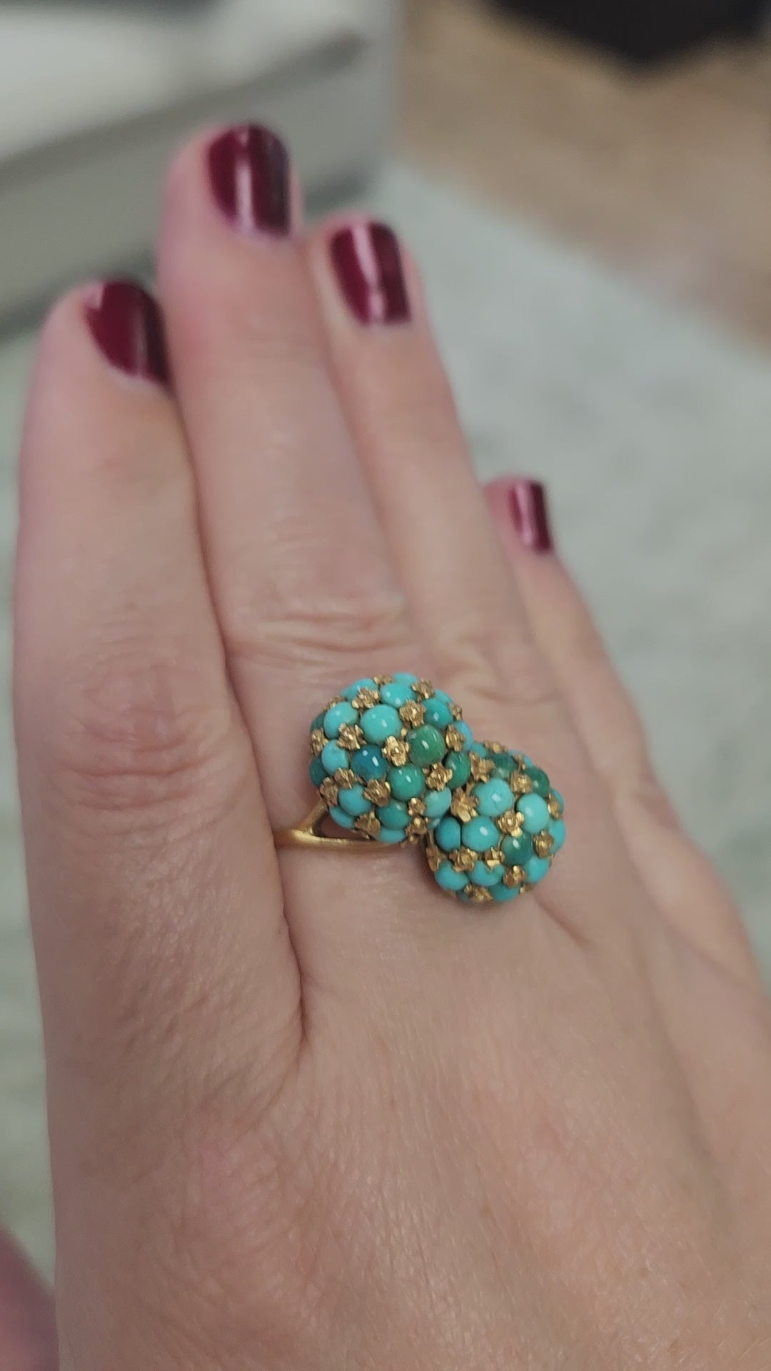 Vintage Italian Turquoise Moi et Toi Bombe Cocktail Ring in 18k Yellow Gold