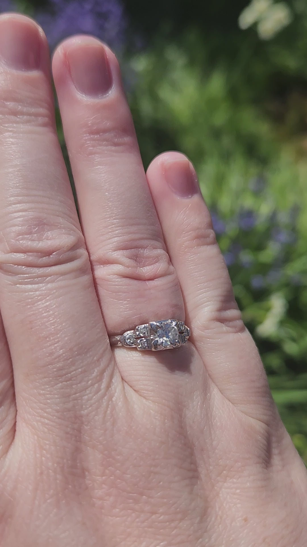 Petite Art Deco Old European Cut Diamond Engagement Ring in 18k White Gold