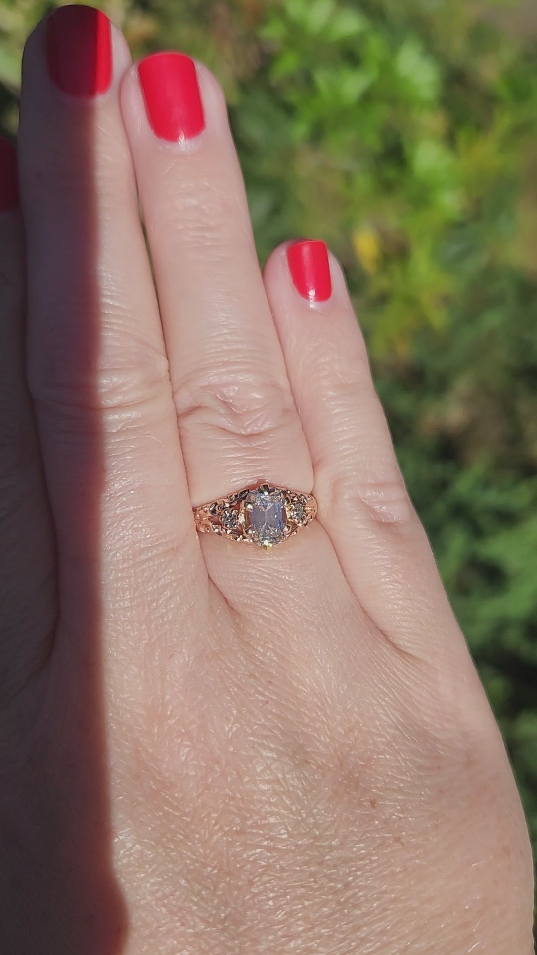 Victorian GIA Certified Elongated Old Mine Cut Diamond Ring in 14k Rosy Gold