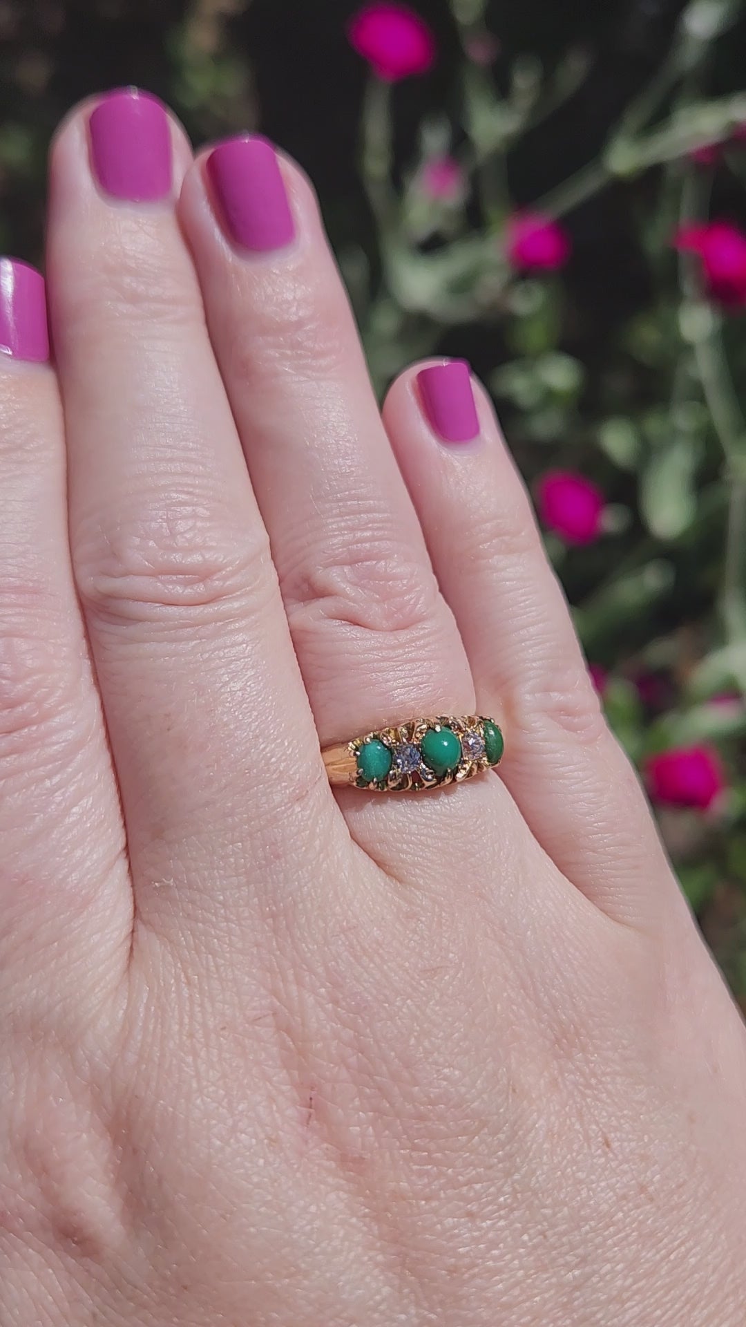 Victorian Turquoise and Old Mine Cut Diamond Five Stone Ring in 18k Yellow Gold