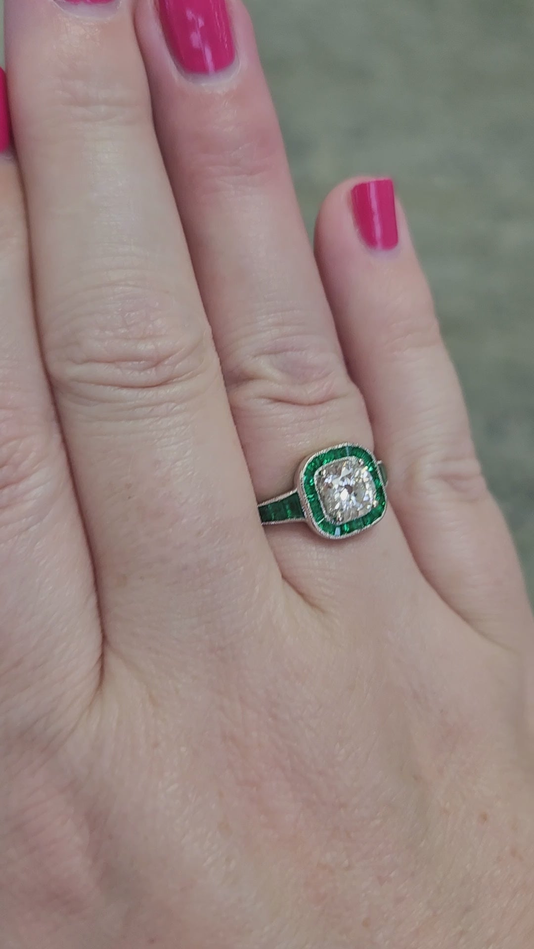 Vintage Old Mine Cut Diamond and Natural Emerald Engagement Ring in 14k White Gold