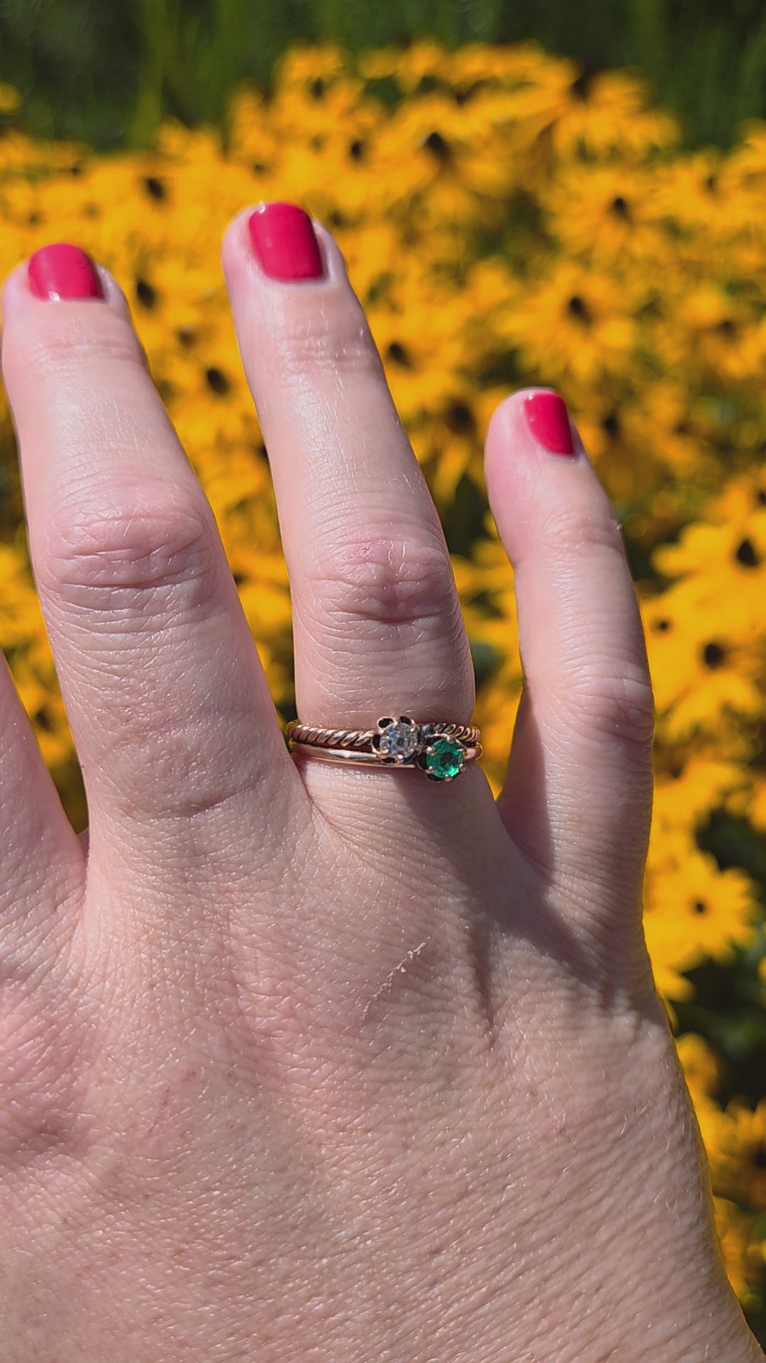 Antique Victorian Emerald and Old Mine Cut Toi et Moi Ring in 10k Rose Gold