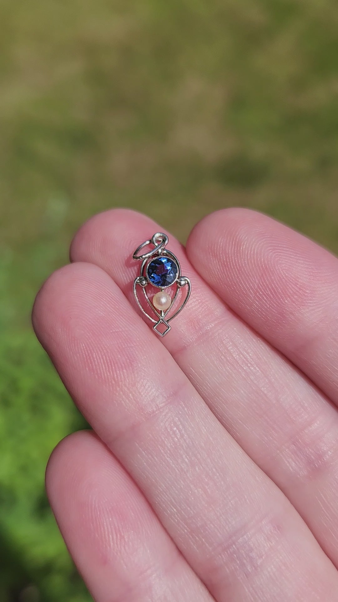 Petite Edwardian Yogo Montana Sapphire and Seed Pearl Pendant Charm in Platinum
