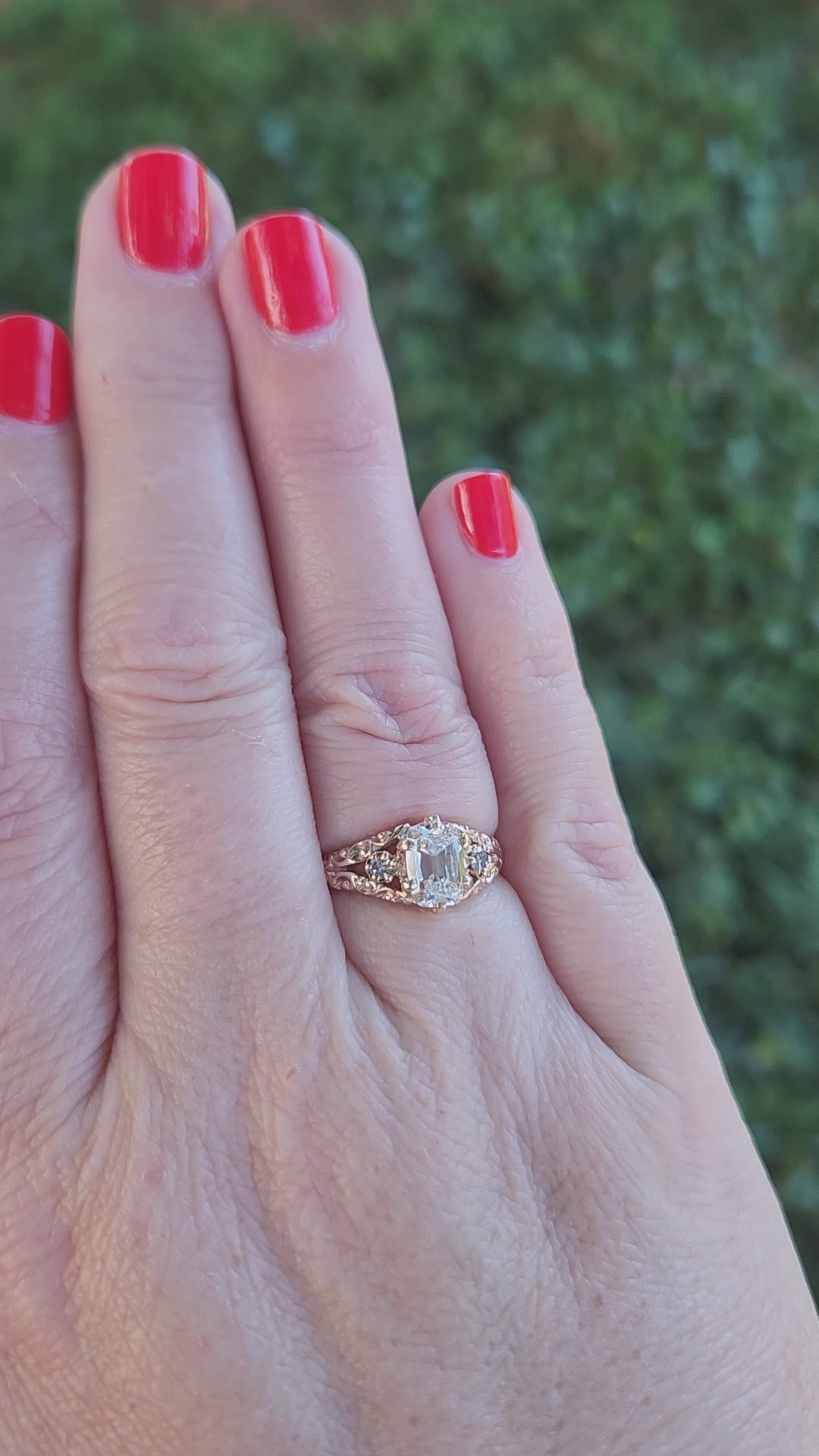 Victorian GIA Certified Elongated Old Mine Cut Diamond Ring in 14k Rosy Gold