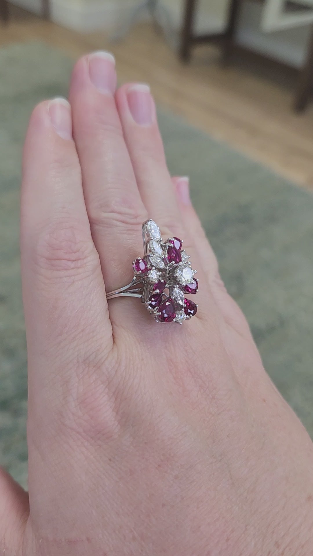Incredible Ruby and Diamond Cluster Statement Ring in 18k White Gold