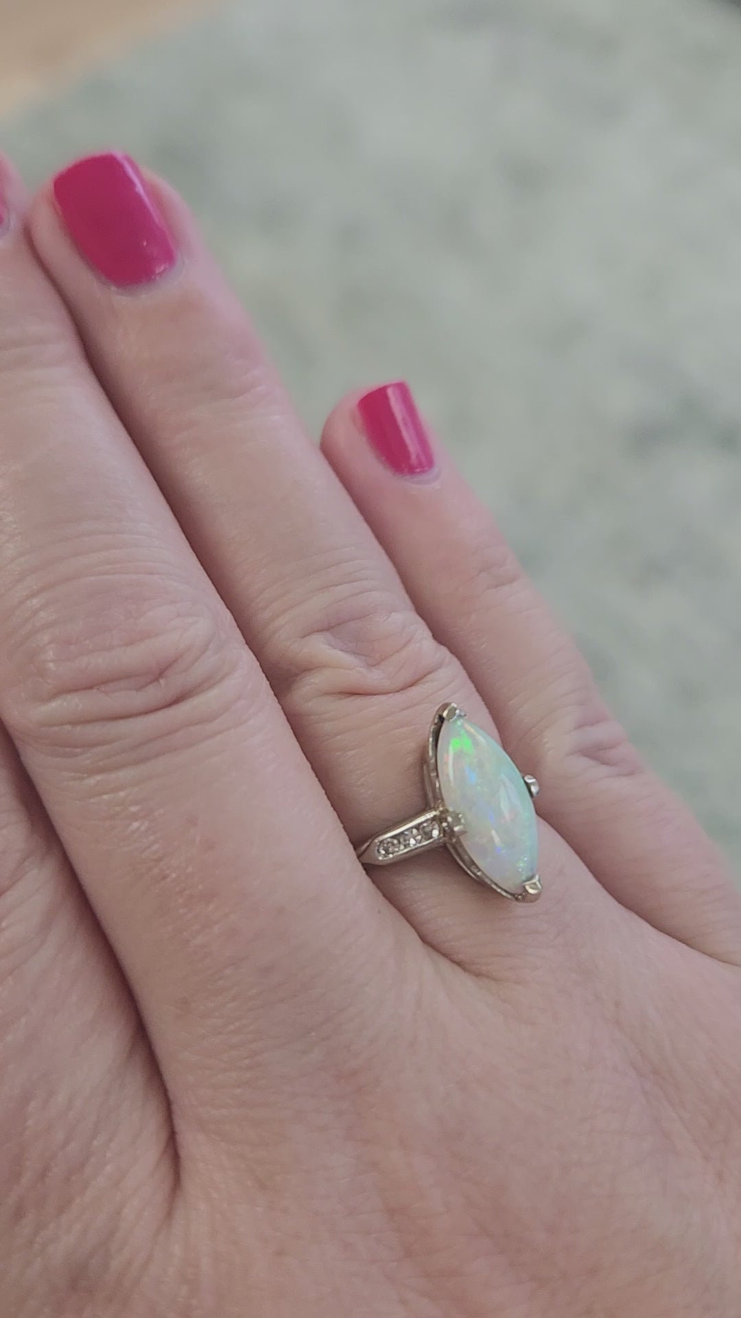 Late Art Deco Colorful Australian Opal and Diamond Ring in White Gold