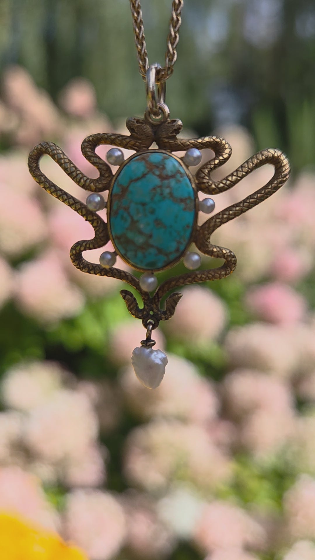 Art Nouveau Turquoise & Pearl Serpent Snake Pendant Necklace in 14k Gold 