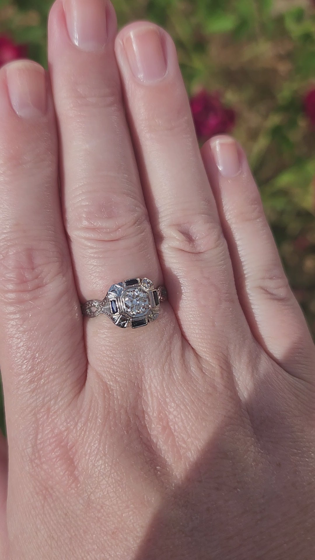 Art Deco Sapphire and Old European Cut Diamond Engagement Ring in 18k White Gold