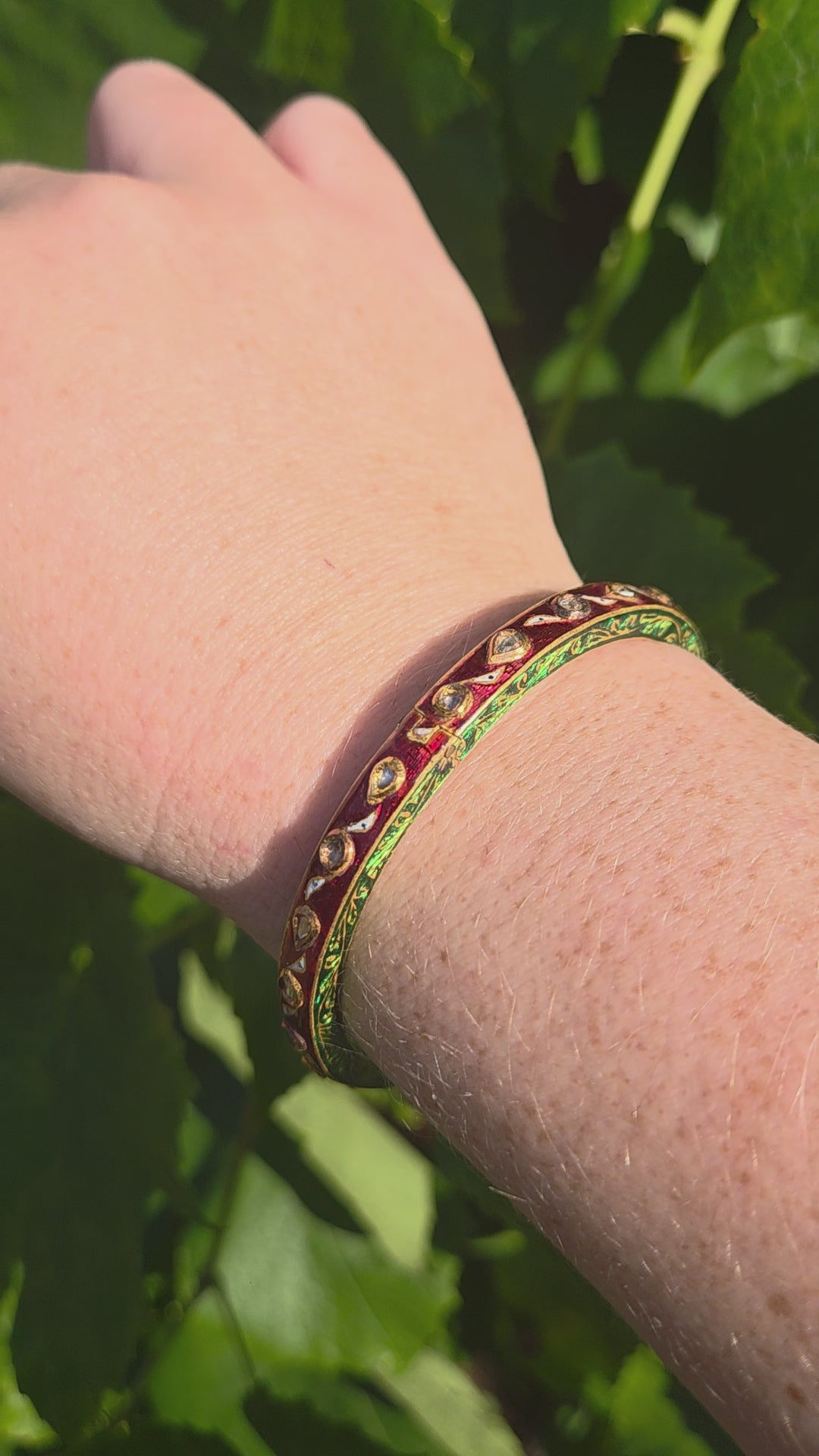 Indian Mughal Style Hinged Bangle with Red & Green Enamel and Polki Diamonds