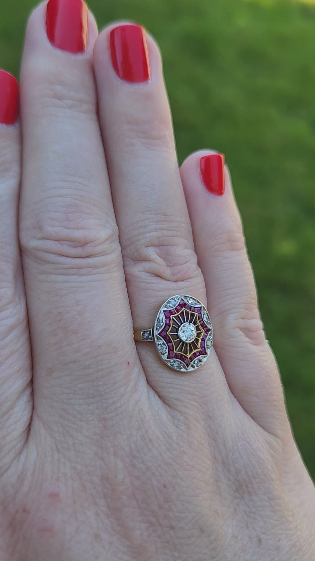 Edwardian Ruby and Old European Cut Diamond Wire Work Ring in 18k and Platinum